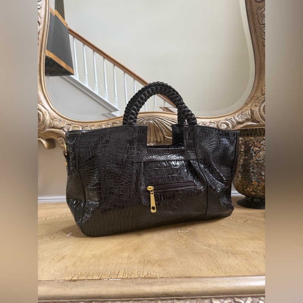 Dark Brown Crocodile Embossed Handbag - Picture 2 of 7